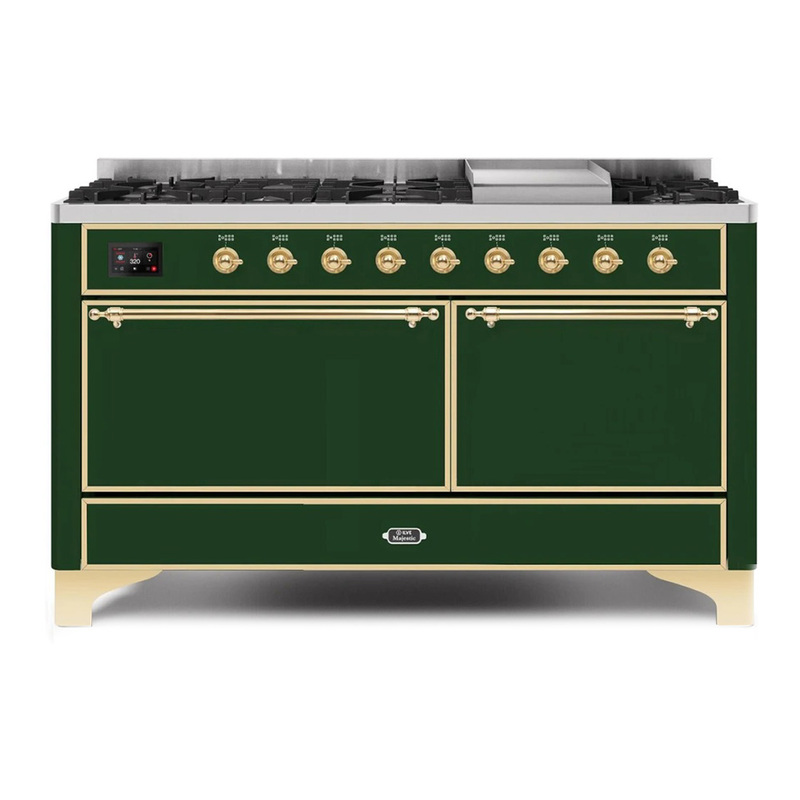 ILVE UM15FDQNS3EGGLP Majestic II 60" Dual Fuel Range (Liquid Propane, Solid Door, Emerald Green, Brass)