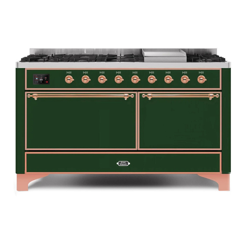 ILVE UM15FDQNS3EGPLP Majestic II 60" Dual Fuel Range (Liquid Propane, Solid Door, Emerald Green, Copper)