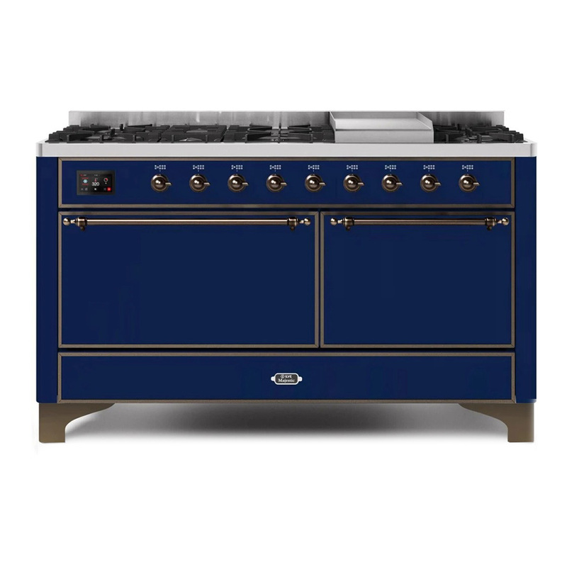 ILVE UM15FDQNS3MBBLP Majestic II 60" Dual Fuel Range (Liquid Propane, Solid Door, Midnight Blue, Bronze)