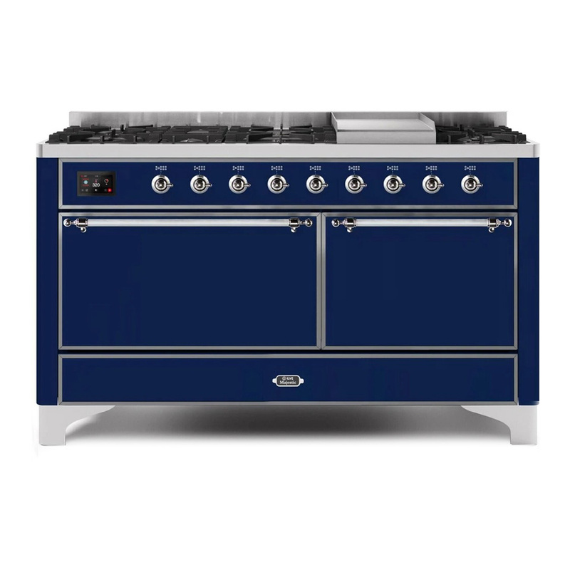 ILVE UM15FDQNS3MBCLP Majestic II 60" Dual Fuel Range (Liquid Propane, Solid Door, Midnight Blue, Chrome)