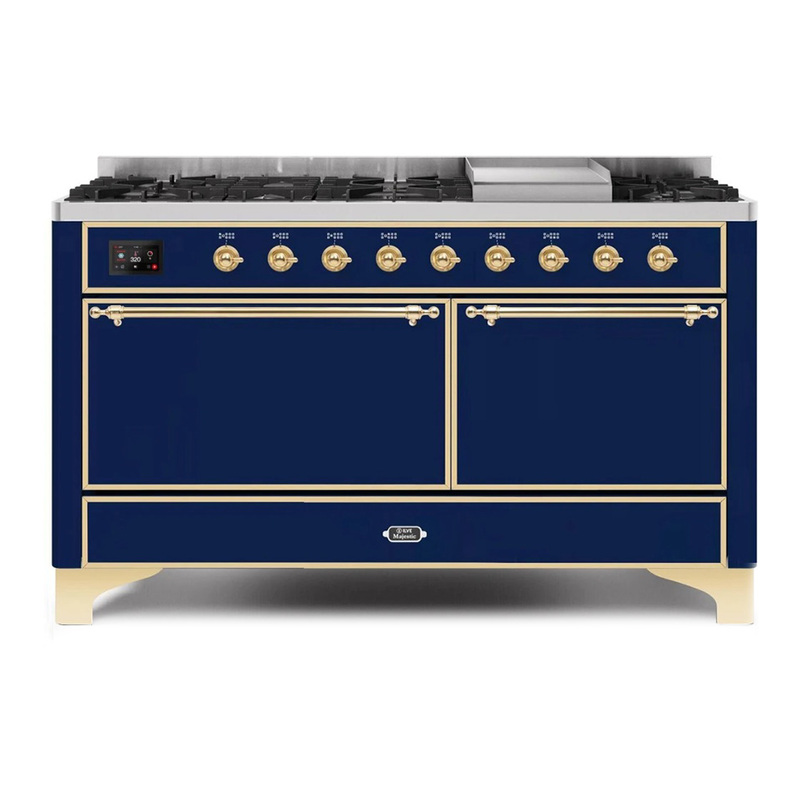 ILVE UM15FDQNS3MBGLP Majestic II 60" Dual Fuel Range (Liquid Propane, Solid Door, Midnight Blue, Brass)