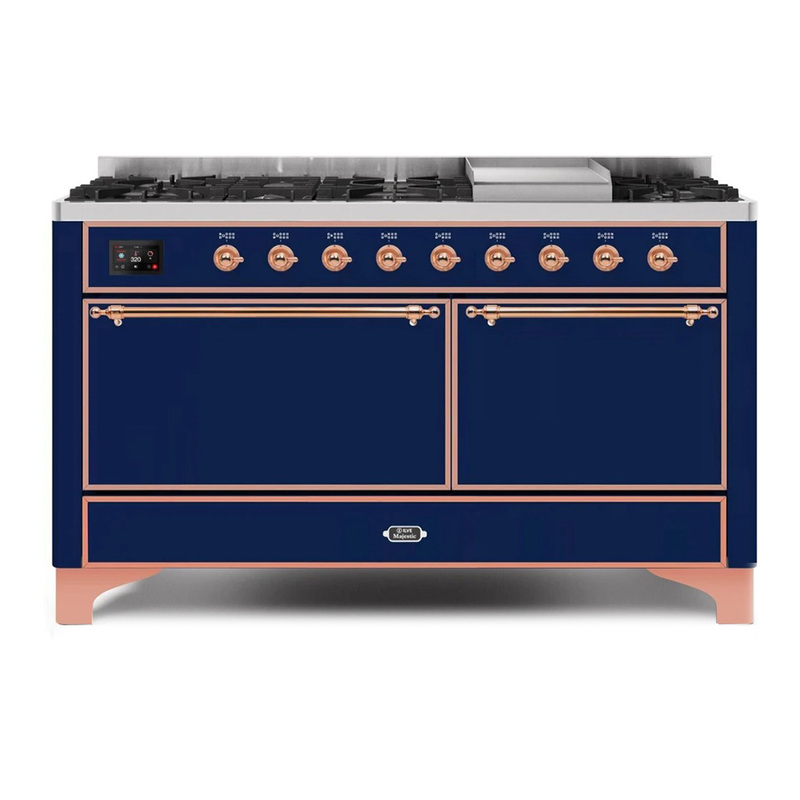 ILVE UM15FDQNS3MBPLP Majestic II 60" Dual Fuel Range (Liquid Propane, Solid Door, Midnight Blue, Copper)