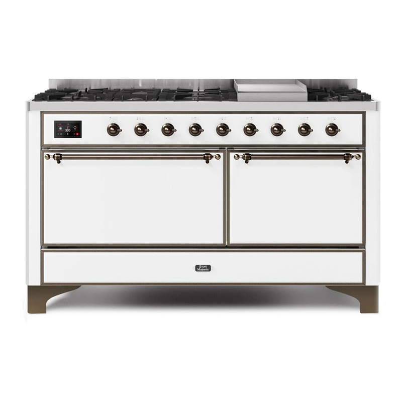 ILVE UM15FDQNS3WHBLP Majestic II 60" Dual Fuel Range (Liquid Propane, Solid Door, White, Burnished)