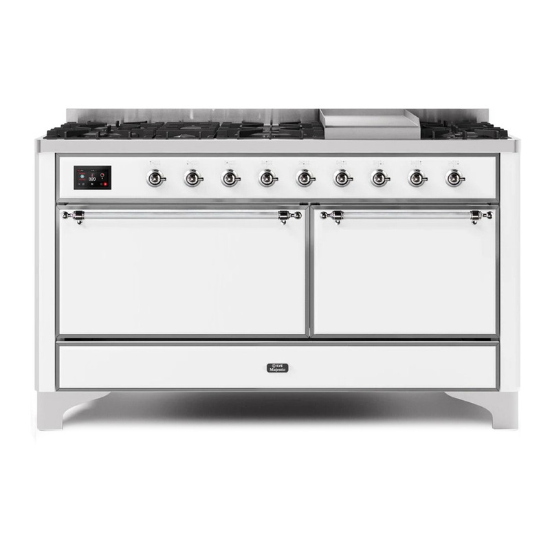 ILVE UM15FDQNS3WHCLP Majestic II 60" Dual Fuel Range (Liquid Propane, Solid Door, White, Chrome)