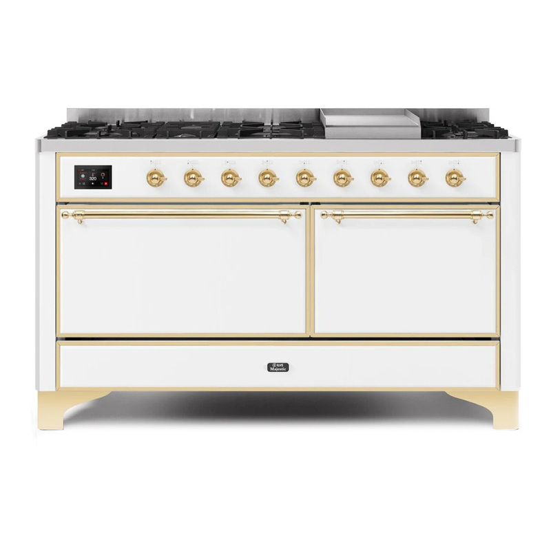 ILVE UM15FDQNS3WHGLP Majestic II 60" Dual Fuel Range (Liquid Propane, Solid Door, White, Brass)