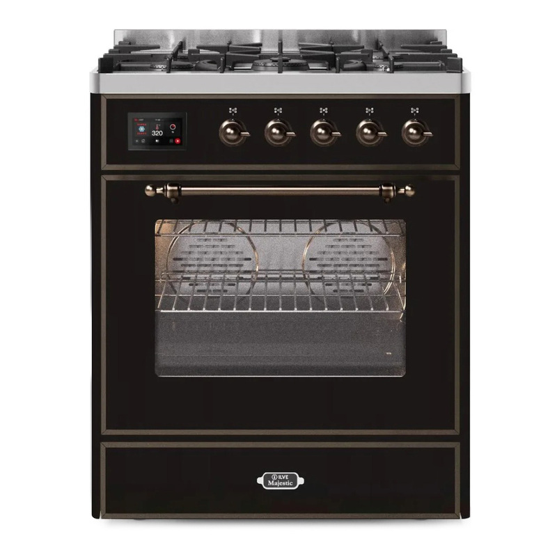 ILVE UM30DNE3BKBLP Majestic II 30" Dual Fuel Range (Liquid Propane, Triple Glass Door, Glossy Black, Bronze)