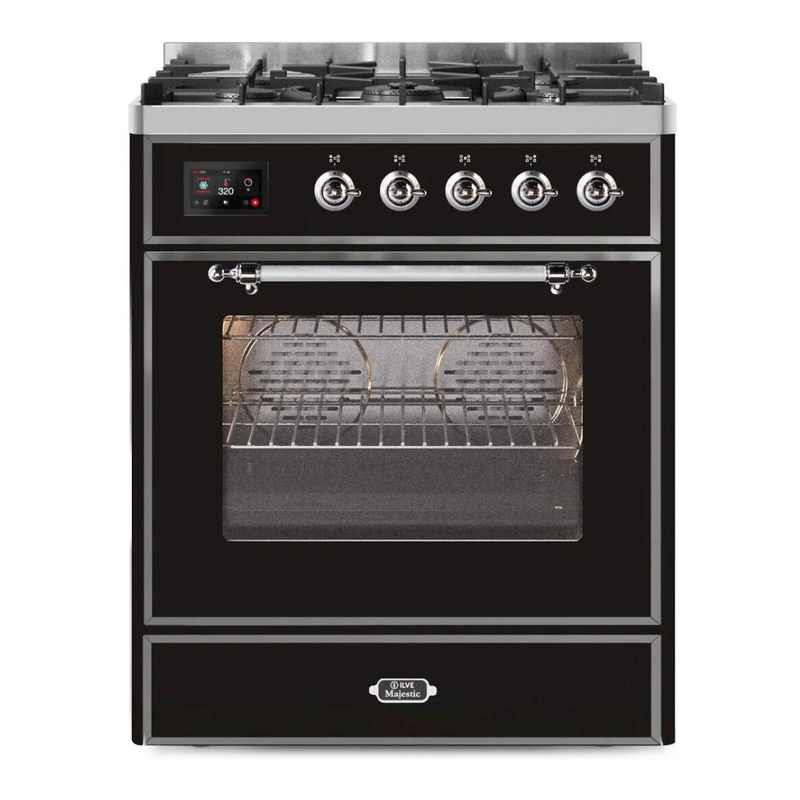 ILVE UM30DNE3BKCLP Majestic II 30" Dual Fuel Range (Liquid Propane, Triple Glass Door, Glossy Black, Chrome)