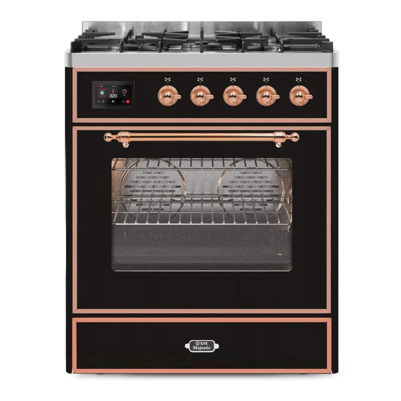 ILVE UM30DNE3BKPLP Majestic II 30" Dual Fuel Range (Liquid Propane, Triple Glass Door, Glossy Black, Copper)