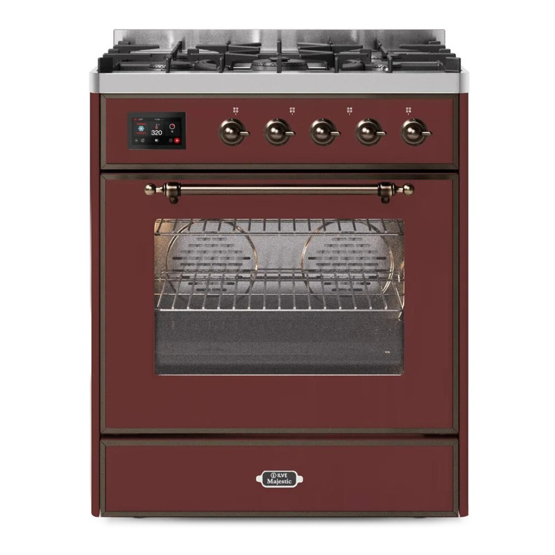 ILVE UM30DNE3BUBLP Majestic II 30" Dual Fuel Range (Liquid Propane, Triple Glass Door, Burgundy, Burnished)