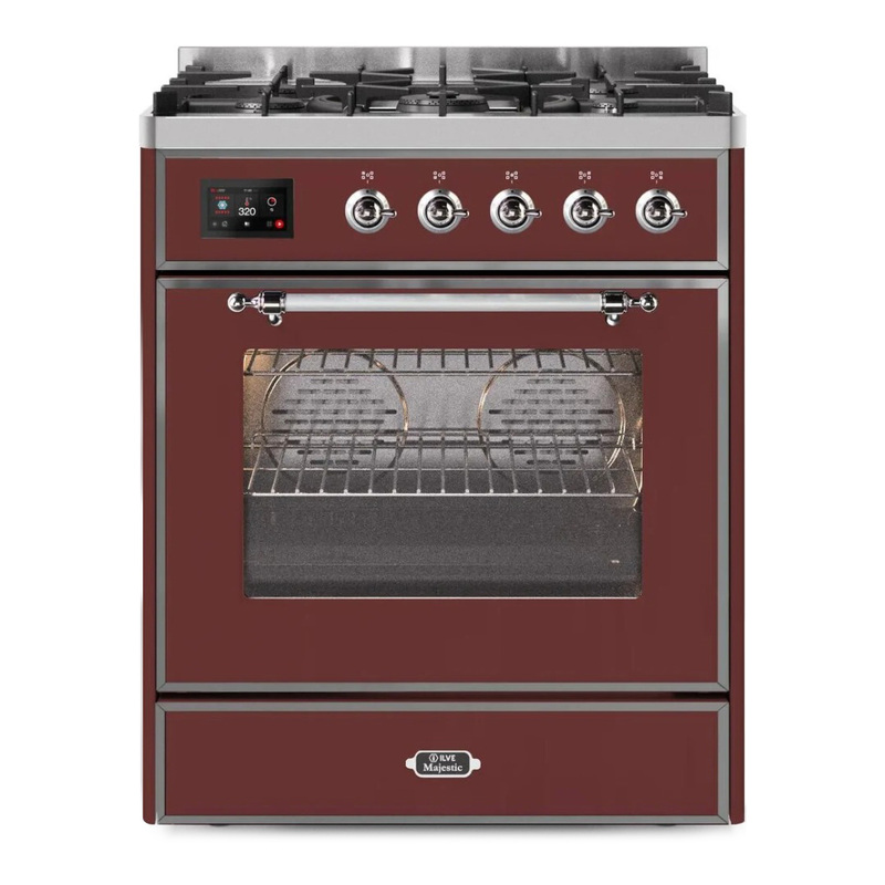 ILVE UM30DNE3BUCLP Majestic II 30" Dual Fuel Range (Liquid Propane, Triple Glass Door, Burgundy, Chrome)