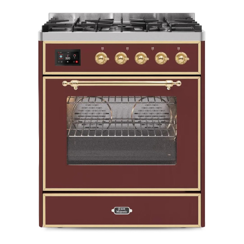 ILVE UM30DNE3BUGLP Majestic II 30" Dual Fuel Range (Liquid Propane, Triple Glass Door, Burgundy, Brass)