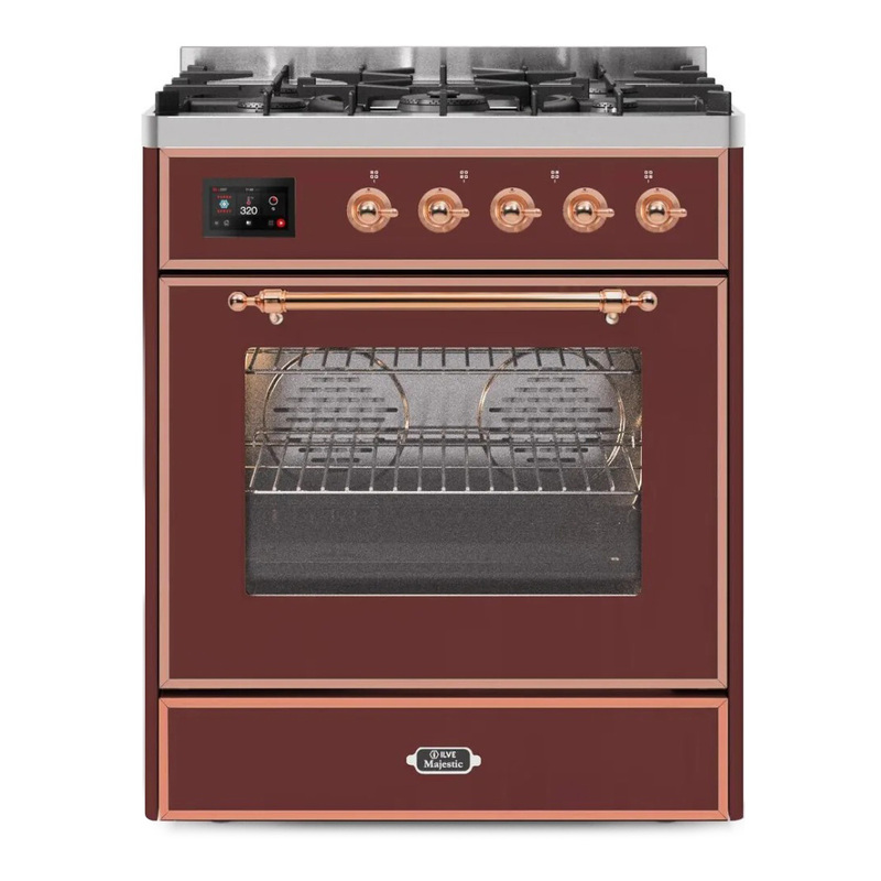 ILVE UM30DNE3BUPLP Majestic II 30" Dual Fuel Range (Liquid Propane, Triple Glass Door, Burgundy, Copper)