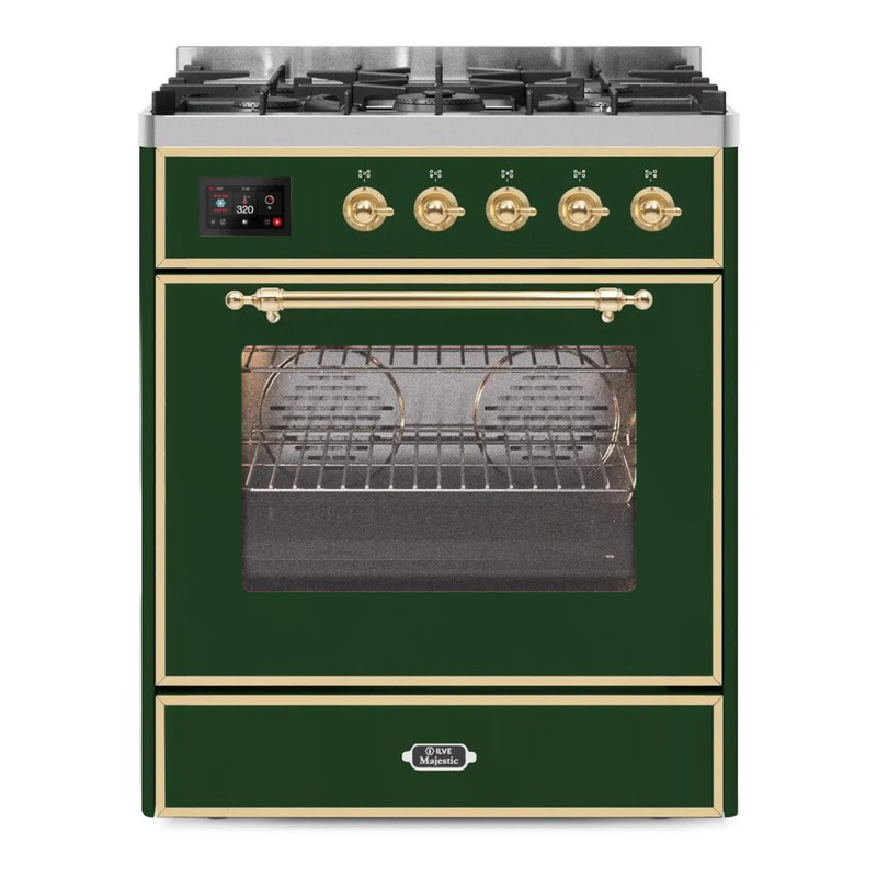 ILVE UM30DNE3EGGLP Majestic II 30" Dual Fuel Range (Liquid Propane, Triple Glass Door, Emerald Green, Brass)