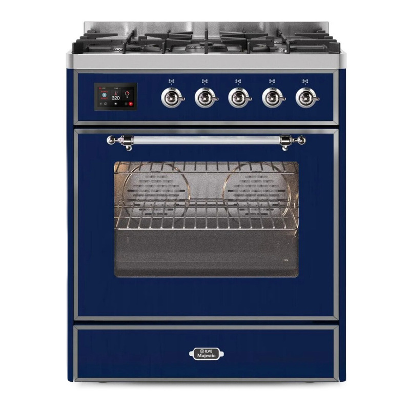 ILVE UM30DNE3MBCLP Majestic II 30" Dual Fuel Range (Liquid Propane, Triple Glass Door, Midnight Blue, Chrome)