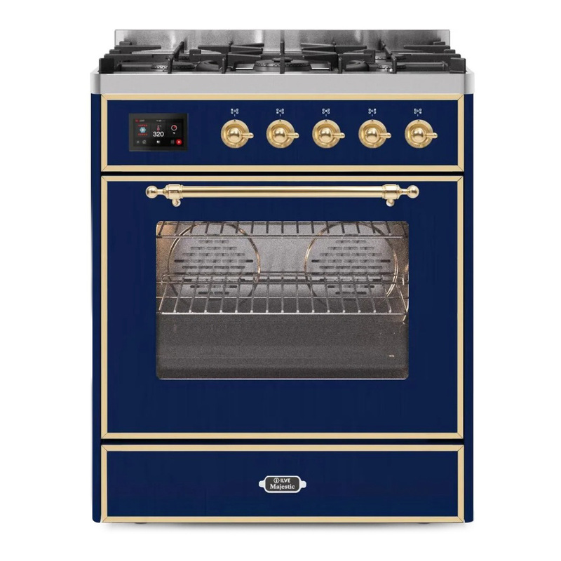 ILVE UM30DNE3MBGLP Majestic II 30" Dual Fuel Range (Liquid Propane, Triple Glass Door, Midnight Blue, Brass)