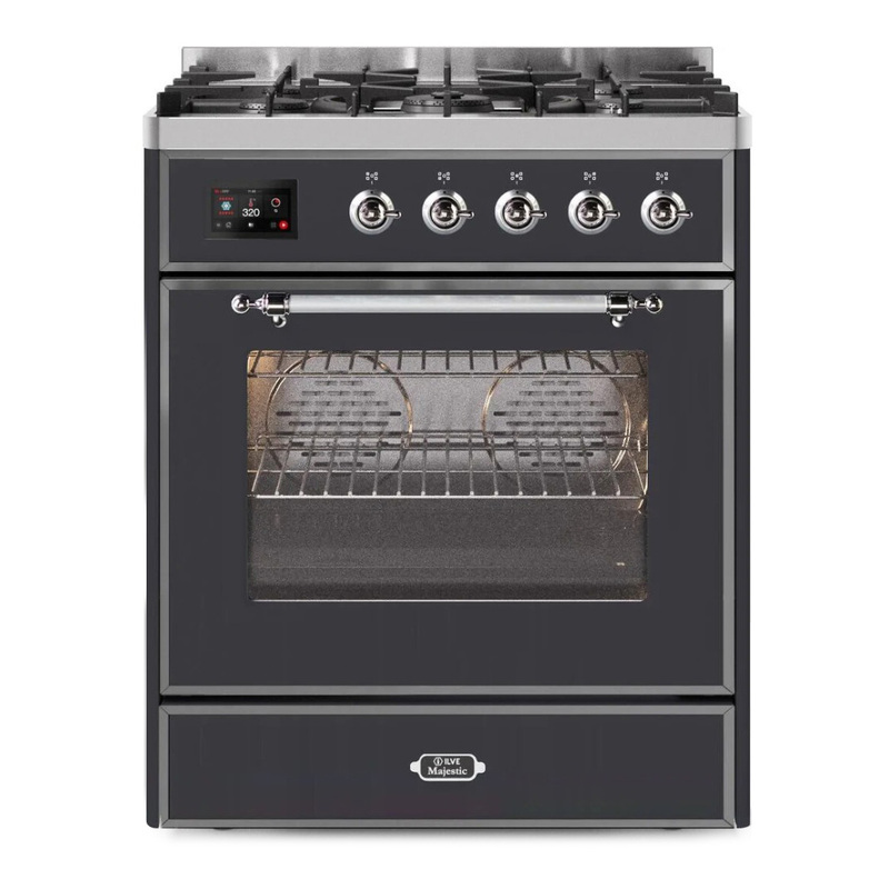 ILVE UM30DNE3MGCLP Majestic II 30" Dual Fuel Range (Liquid Propane, Triple Glass Door, Graphite Matte, Chrome)