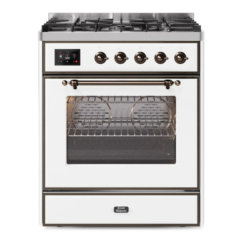 ILVE UM30DNE3WHBLP Majestic II 30" Dual Fuel Range (Liquid Propane, Triple Glass Door, White, Bronze)