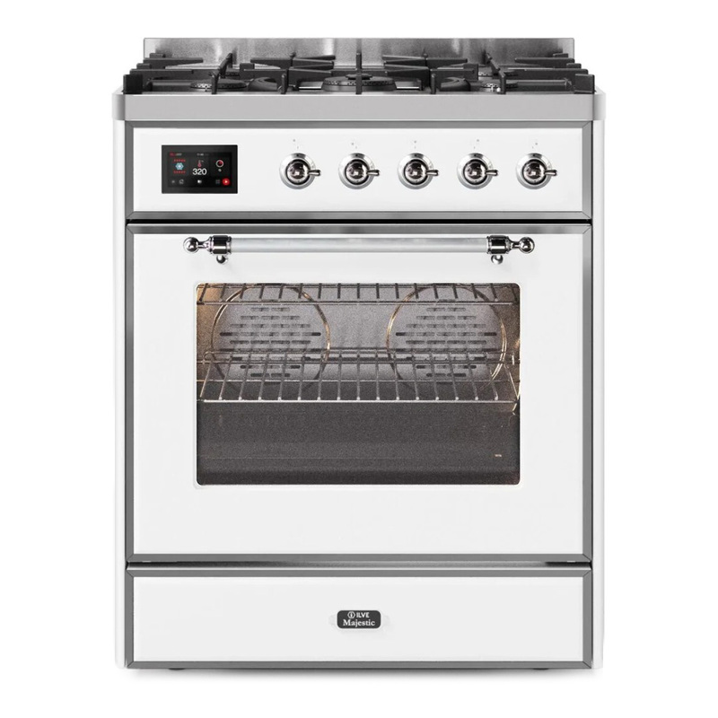 ILVE UM30DNE3WHCLP Majestic II 30" Dual Fuel Range (Liquid Propane, Triple Glass Door, White, Chrome)