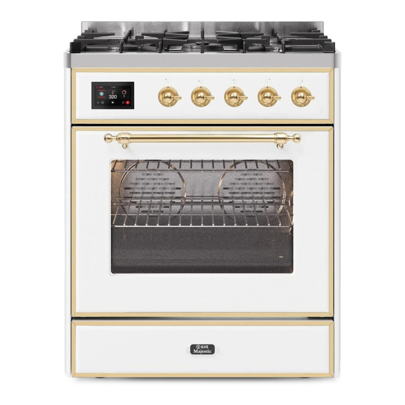 ILVE UM30DNE3WHGLP Majestic II 30" Dual Fuel Range (Liquid Propane, Triple Glass Door, White, Brass)