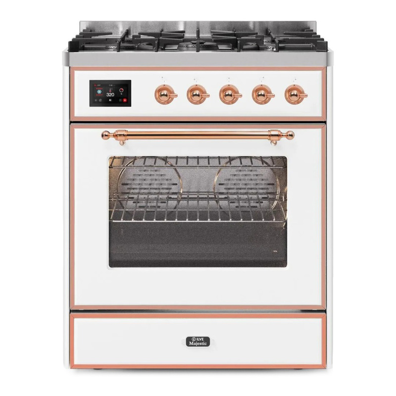 ILVE UM30DNE3WHPLP Majestic II 30" Dual Fuel Range (Liquid Propane, Triple Glass Door, White, Copper)