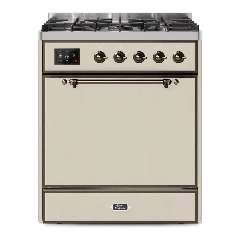 ILVE UM30DQNE3AWBLP Majestic II 30" Dual Fuel Range (Liquid Propane, Solid Door, Antique White, Bronze)