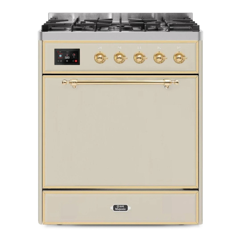 ILVE UM30DQNE3AWGLP Majestic II 30" Dual Fuel Range (Liquid Propane, Solid Door, Antique White, Brass)