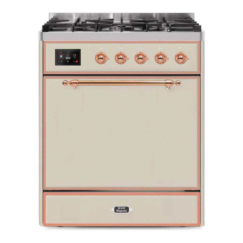 ILVE UM30DQNE3AWPLP Majestic II 30" Dual Fuel Range (Liquid Propane, Solid Door, Antique White, Copper)