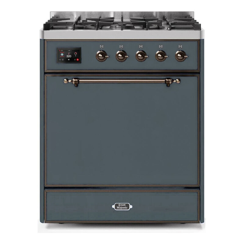 ILVE UM30DQNE3BGBLP Majestic II 30" Dual Fuel Range (Liquid Propane, Solid Door, Blue Grey, Burnished)