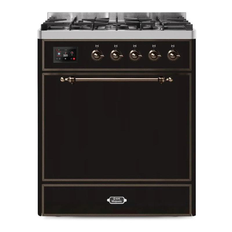 ILVE UM30DQNE3BKBLP Majestic II 30" Dual Fuel Range (Liquid Propane, Solid Door, Glossy Black, Bronze)