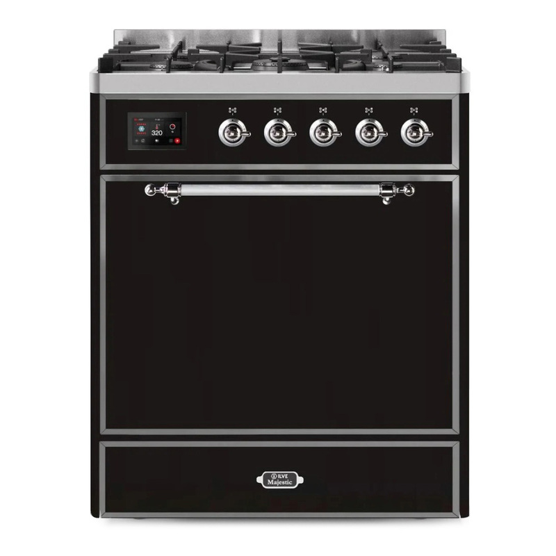 ILVE UM30DQNE3BKCLP Majestic II 30" Dual Fuel Range (Liquid Propane, Solid Door, Glossy Black, Chrome)