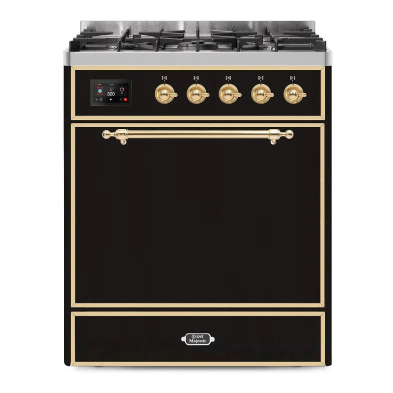 ILVE UM30DQNE3BKGLP Majestic II 30" Dual Fuel Range (Liquid Propane, Solid Door, Glossy Black, Brass)