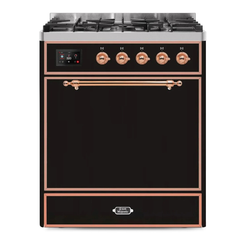 ILVE UM30DQNE3BKPLP Majestic II 30" Dual Fuel Range (Liquid Propane, Solid Door, Glossy Black, Copper)