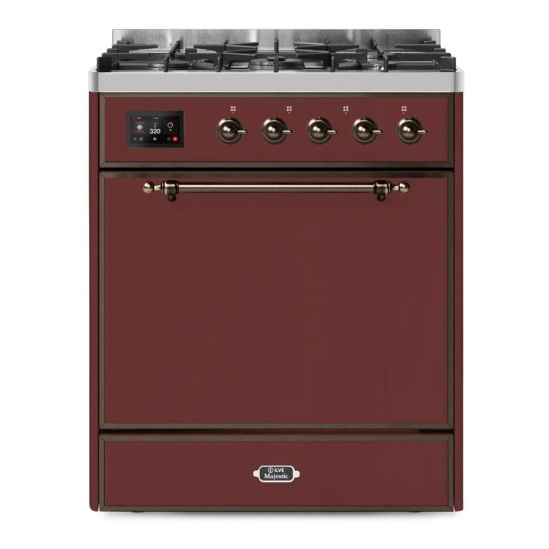 ILVE UM30DQNE3BUBLP Majestic II 30" Dual Fuel Range (Liquid Propane, Solid Door, Burgundy, Bronze)