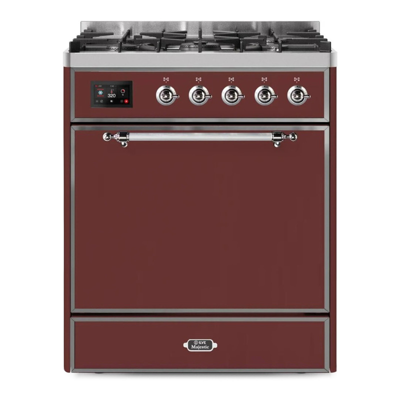 ILVE UM30DQNE3BUCLP Majestic II 30" Dual Fuel Range (Liquid Propane, Solid Door, Burgundy, Chrome)