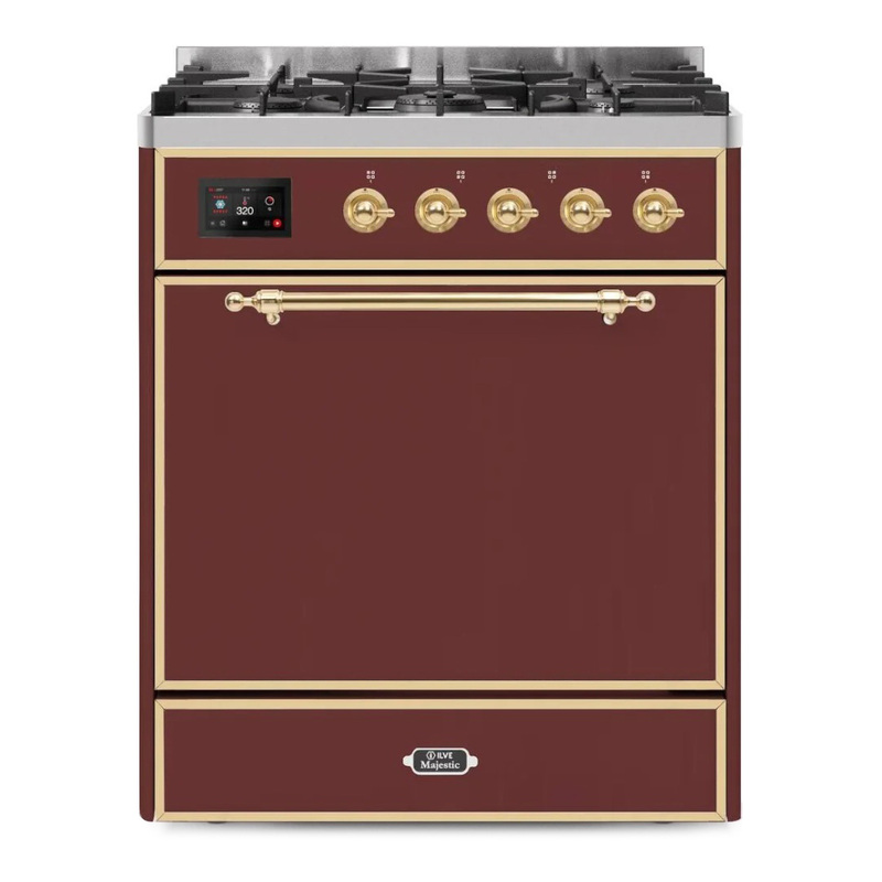 ILVE UM30DQNE3BUGLP Majestic II 30" Dual Fuel Range (Liquid Propane, Solid Door, Burgundy, Brass)