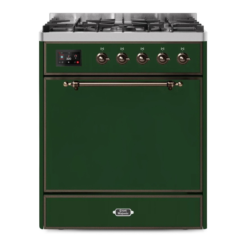 ILVE UM30DQNE3EGBLP Majestic II 30" Dual Fuel Range (Liquid Propane, Solid Door, Emerald Green, Burnished)