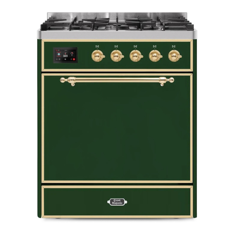 ILVE UM30DQNE3EGGLP Majestic II 30" Dual Fuel Range (Liquid Propane, Solid Door, Emerald Green, Brass)