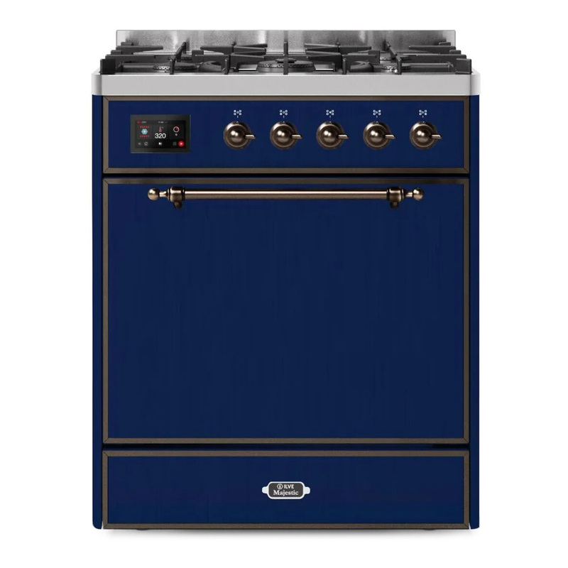 ILVE UM30DQNE3MBBLP Majestic II 30" Dual Fuel Range (Liquid Propane, Solid Door, Midnight Blue, Bronze)