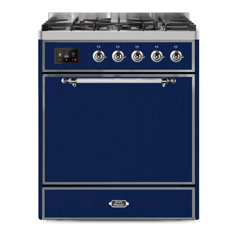 ILVE UM30DQNE3MBCLP Majestic II 30" Dual Fuel Range (Liquid Propane, Solid Door, Midnight Blue, Chrome)