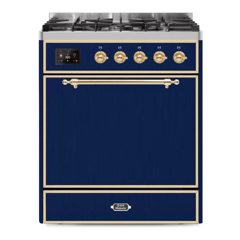 ILVE UM30DQNE3MBGLP Majestic II 30" Dual Fuel Range (Liquid Propane, Solid Door, Midnight Blue, Brass)