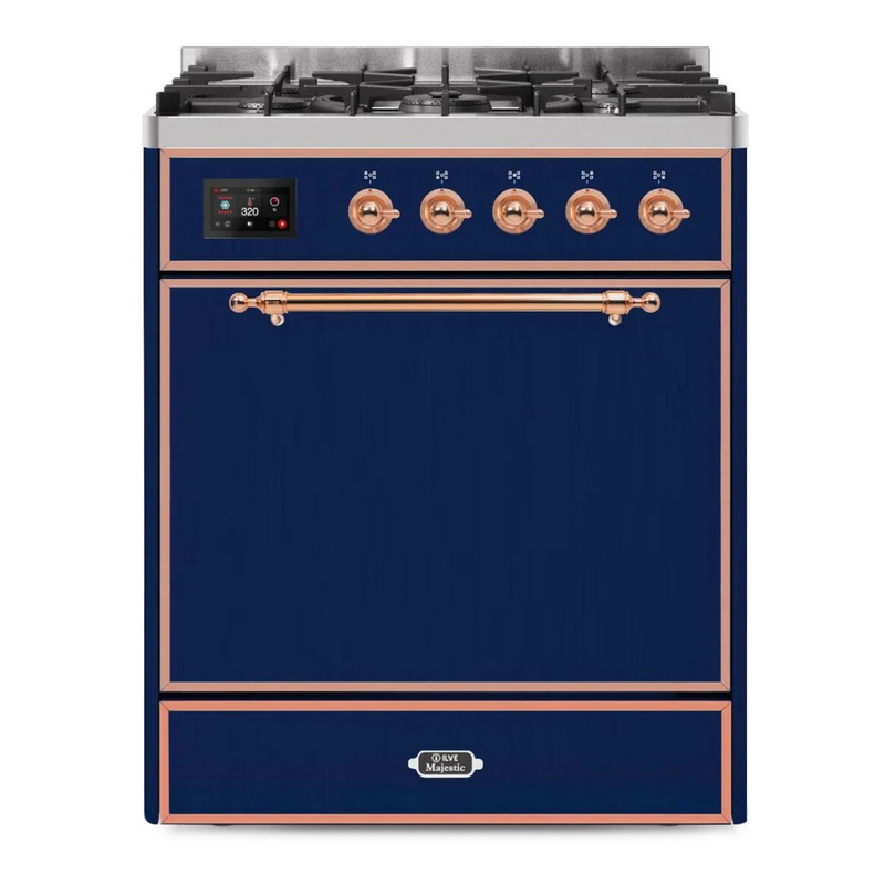 ILVE UM30DQNE3MBPLP Majestic II 30" Dual Fuel Range (Liquid Propane, Solid Door, Midnight Blue, Copper)