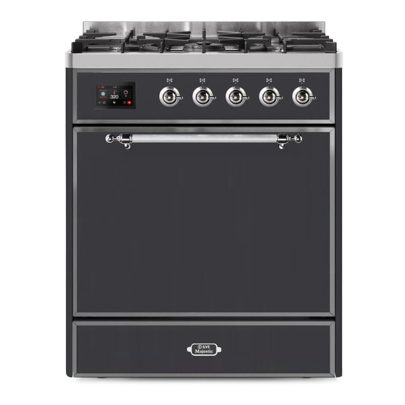 ILVE UM30DQNE3MGCLP Majestic II 30" Dual Fuel Range (Liquid Propane, Solid Door, Graphite Matte, Chrome)