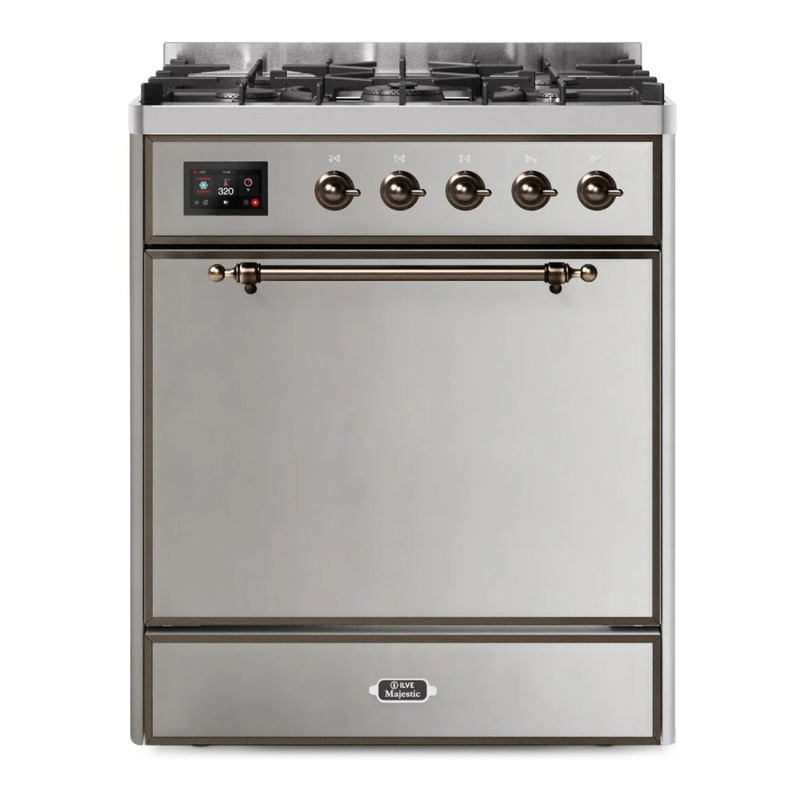 ILVE UM30DQNE3SSBLP Majestic II 30" Dual Fuel Range (Liquid Propane, Solid Door, Stainless Steel, Bronze)