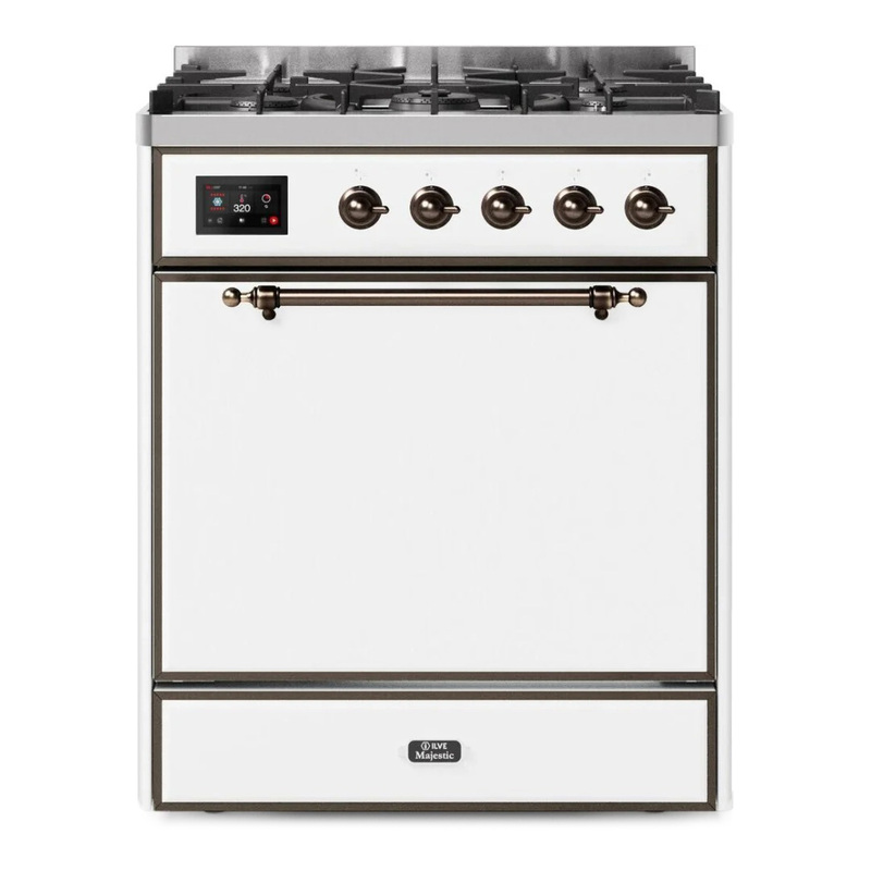 ILVE UM30DQNE3WHBLP Majestic II 30" Dual Fuel Range (Liquid Propane, Solid Door, White, Burnished)