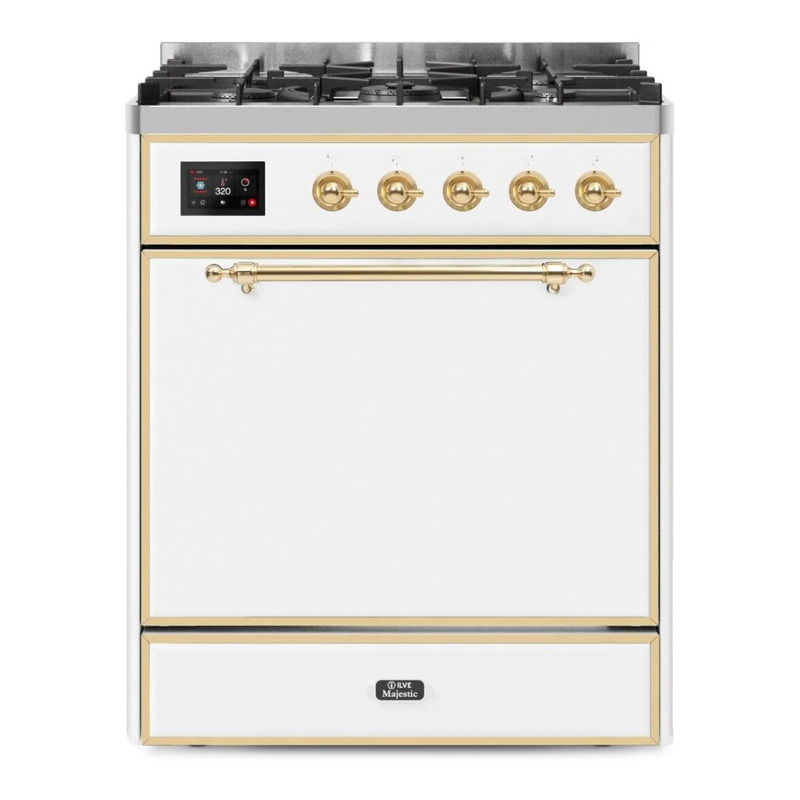 ILVE UM30DQNE3WHGLP Majestic II 30" Dual Fuel Range (Liquid Propane, Solid Door, White, Brass)