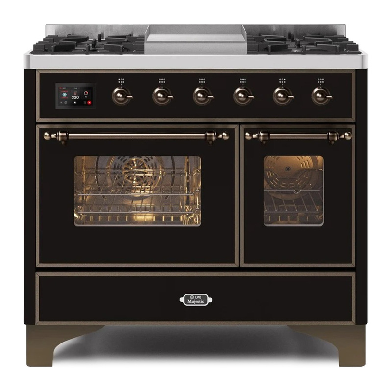 ILVE UMD10FDNS3BKBLP Majestic II 40" Dual Fuel Range (Liquid Propane, Triple Glass Door, Glossy Black, Bronze)