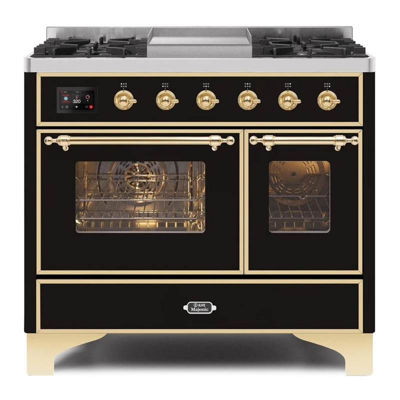 ILVE UMD10FDNS3BKGLP Majestic II 40" Dual Fuel Range (Liquid Propane, Triple Glass Door, Glossy Black, Brass)