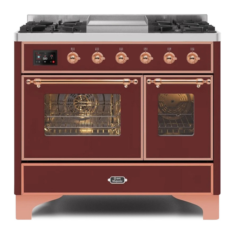 ILVE UMD10FDNS3BUPLP Majestic II 40" Dual Fuel Range (Liquid Propane, Triple Glass Door, Burgundy, Copper)