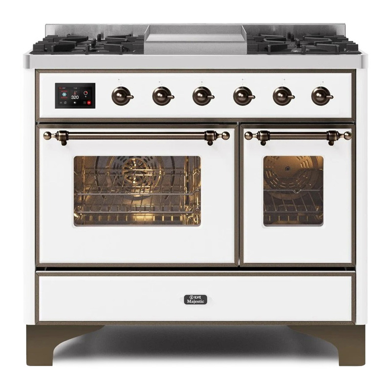 ILVE UMD10FDNS3WHBLP Majestic II 40" Dual Fuel Range (Liquid Propane, Triple Glass Door, White, Burnished)