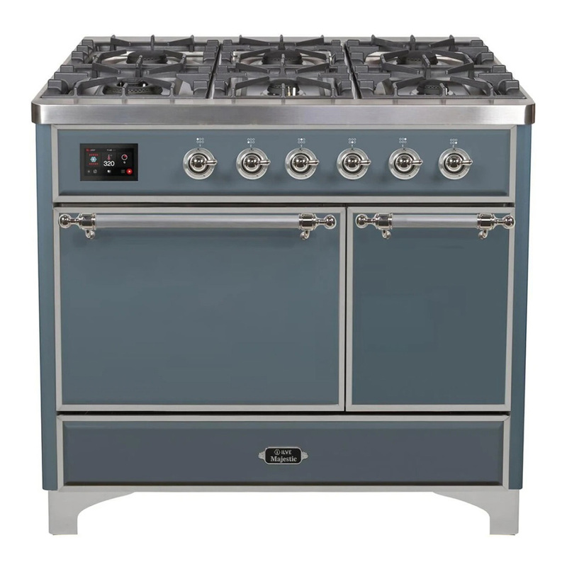 ILVE UMD10FDQNS3BGCLP Majestic II 40" Dual Fuel Range (Liquid Propane, Solid Door, Blue Grey, Chrome)